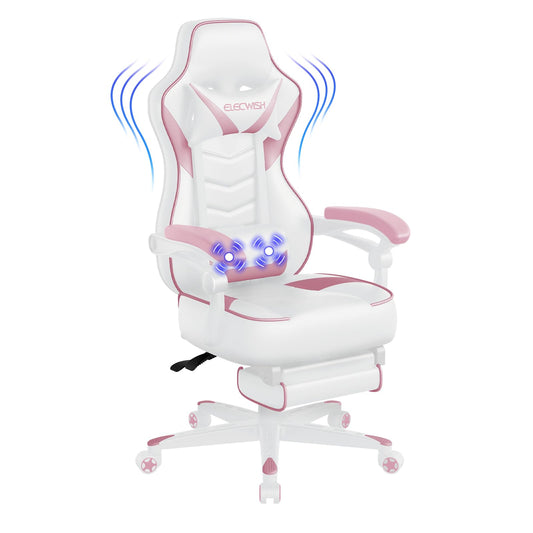 Artethys Gaming Chair With Massage For Adults Ergonomic Racing Style High Back Computer Seating With Footrest Headrest And Lumbar Support Pu Leather 90-150 Degree Tilt Pink