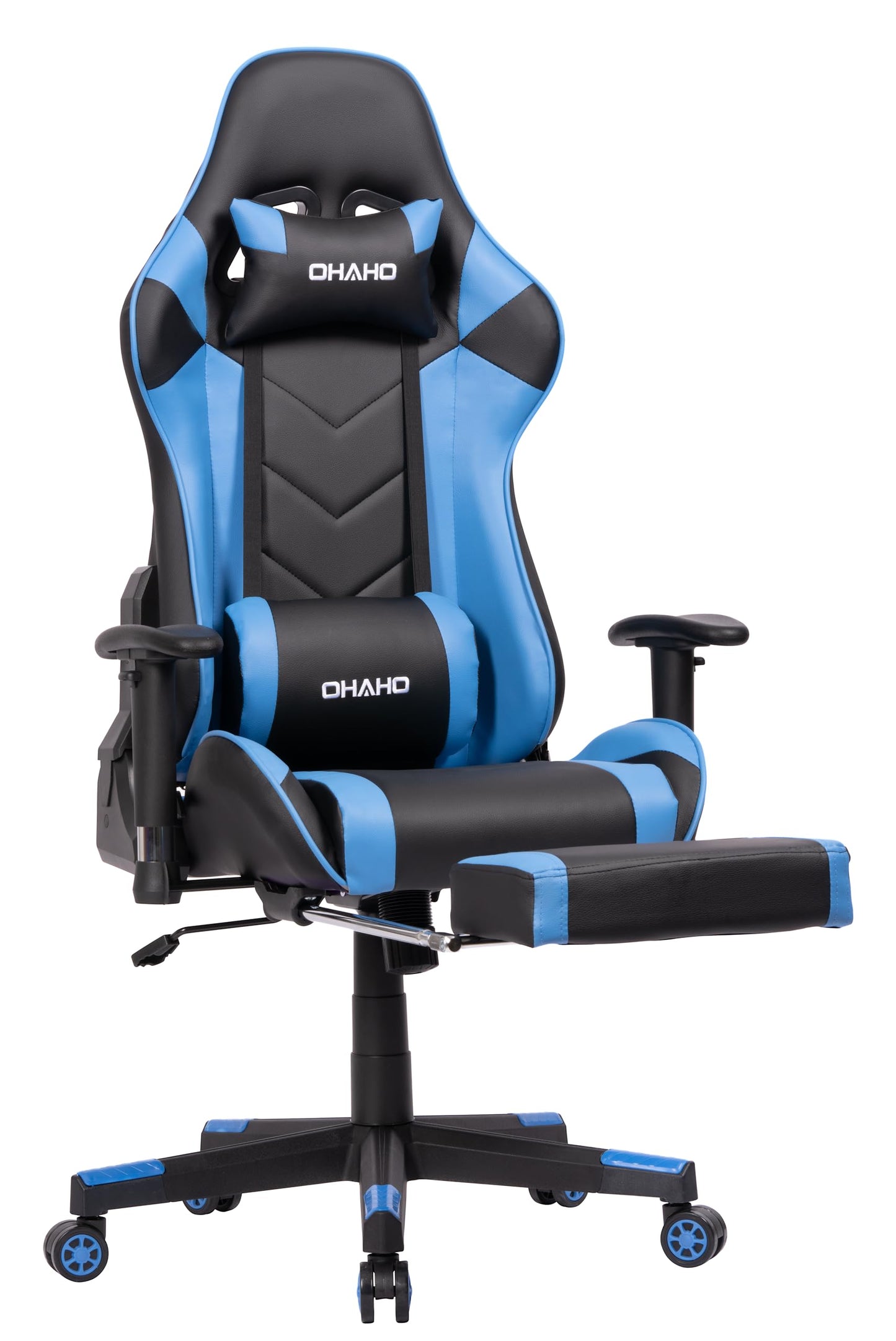 Ohaho Gaming Chair Racing Style Office Chair Adjustable Massage Lumbar Cushion Swivel Rocker Recliner High Back Ergonomic Computer Desk Chair With Retractable Arms And Footrest (Black/Blue)