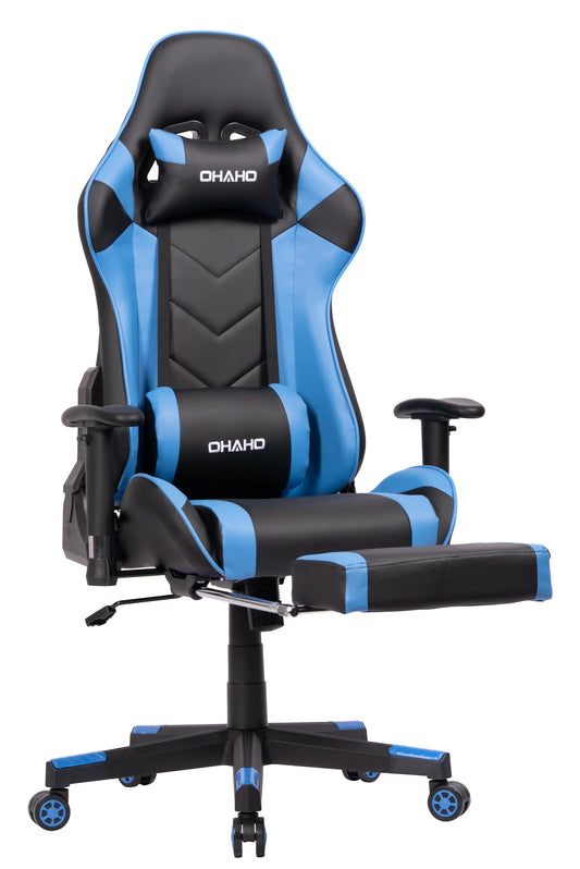 Ohaho Gaming Chair Racing Style Office Chair Adjustable Massage Lumbar Cushion Swivel Rocker Recliner High Back Ergonomic Computer Desk Chair With Retractable Arms And Footrest (Black/Blue)