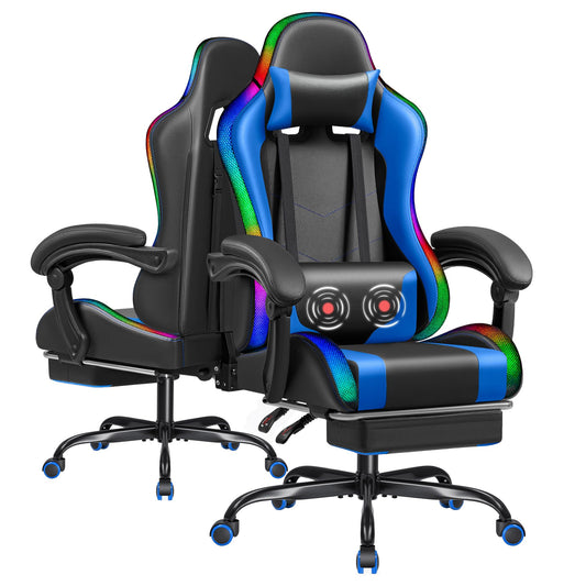 Furmax Gaming Chair With Rgb Led Lights, Video Game Chair With Footrest And Massage Lumbar Support, High Back Reclining Computer